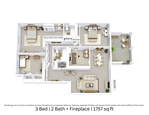 Floor plan for 3 beds, 2 baths, 1757 sqft